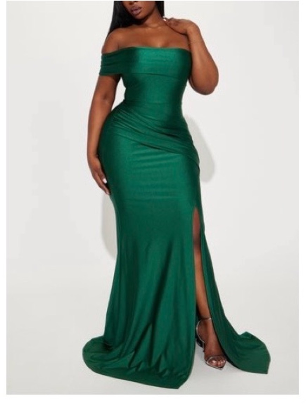 Fashion Nova Off-Shoulder Green Mermaid Gown with Thigh Slit